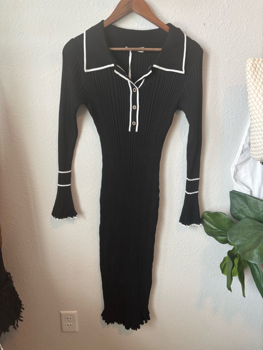 NWT Grace Karin Black Ribbed Midi Dress with White Trim